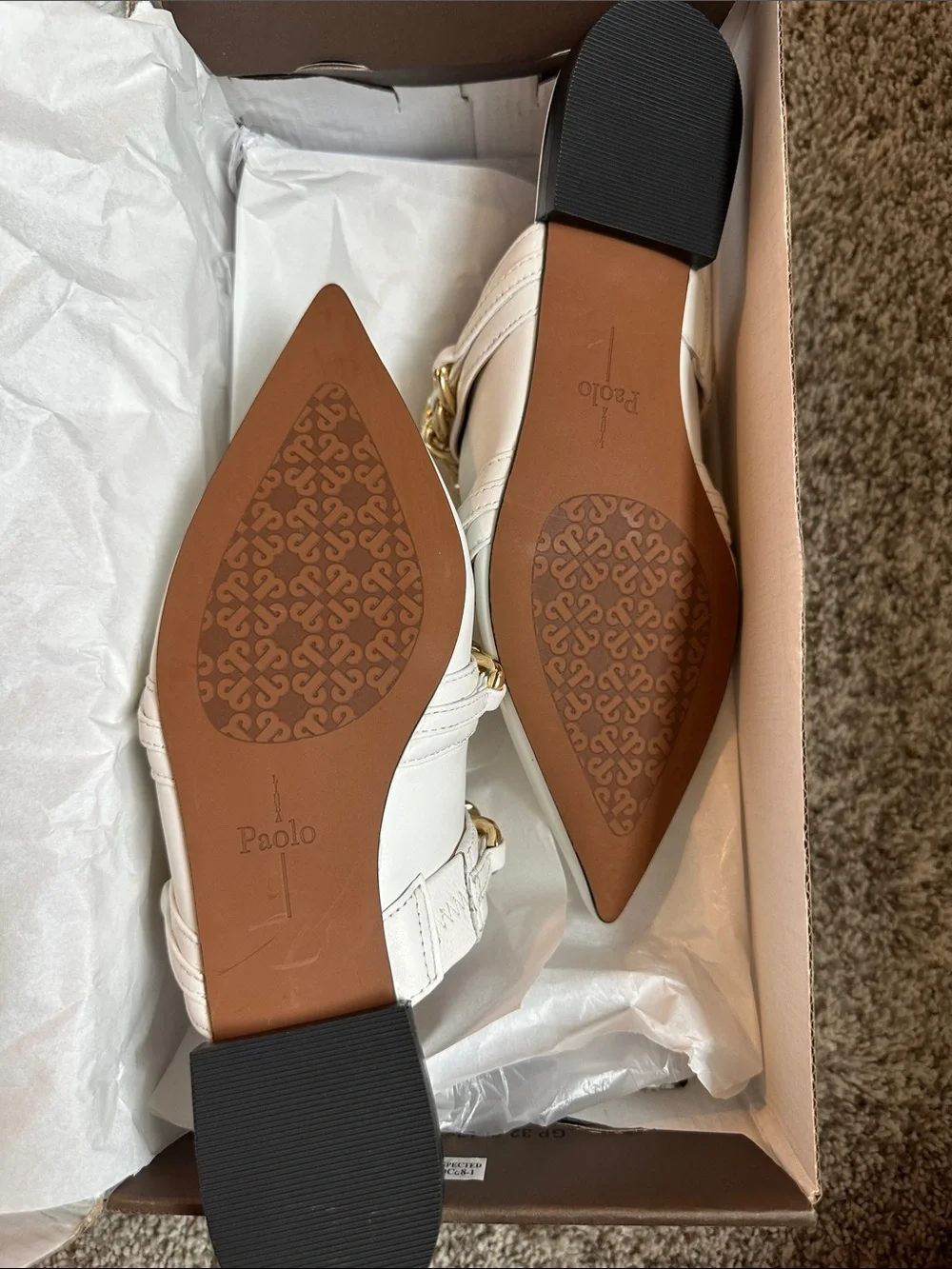 Paolo Women’s White Pointed-Toe Slip-On Mules with Gold Chain Detail SIZE6